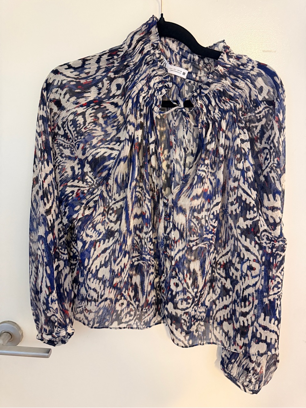 Zara Blue Multi Sheer Tie-Neck Blouse